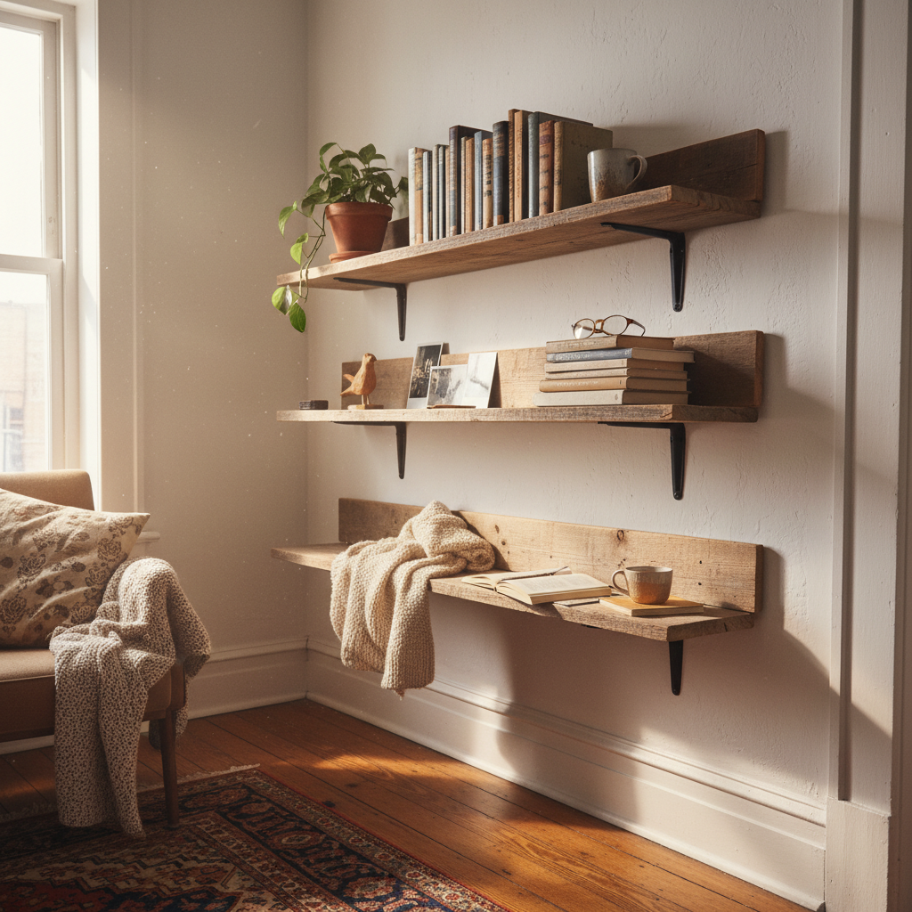 3. Floating Shelves from Reclaimed Wood