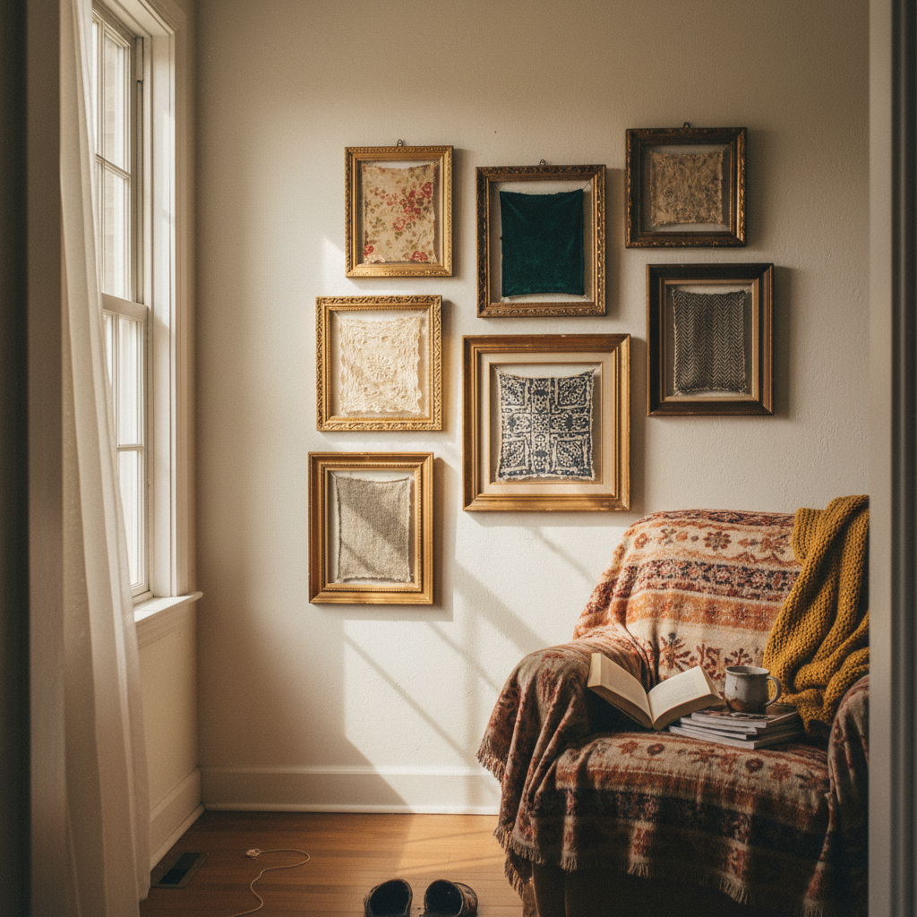 6. Vintage Frame Gallery Wall with Fabric Inserts
